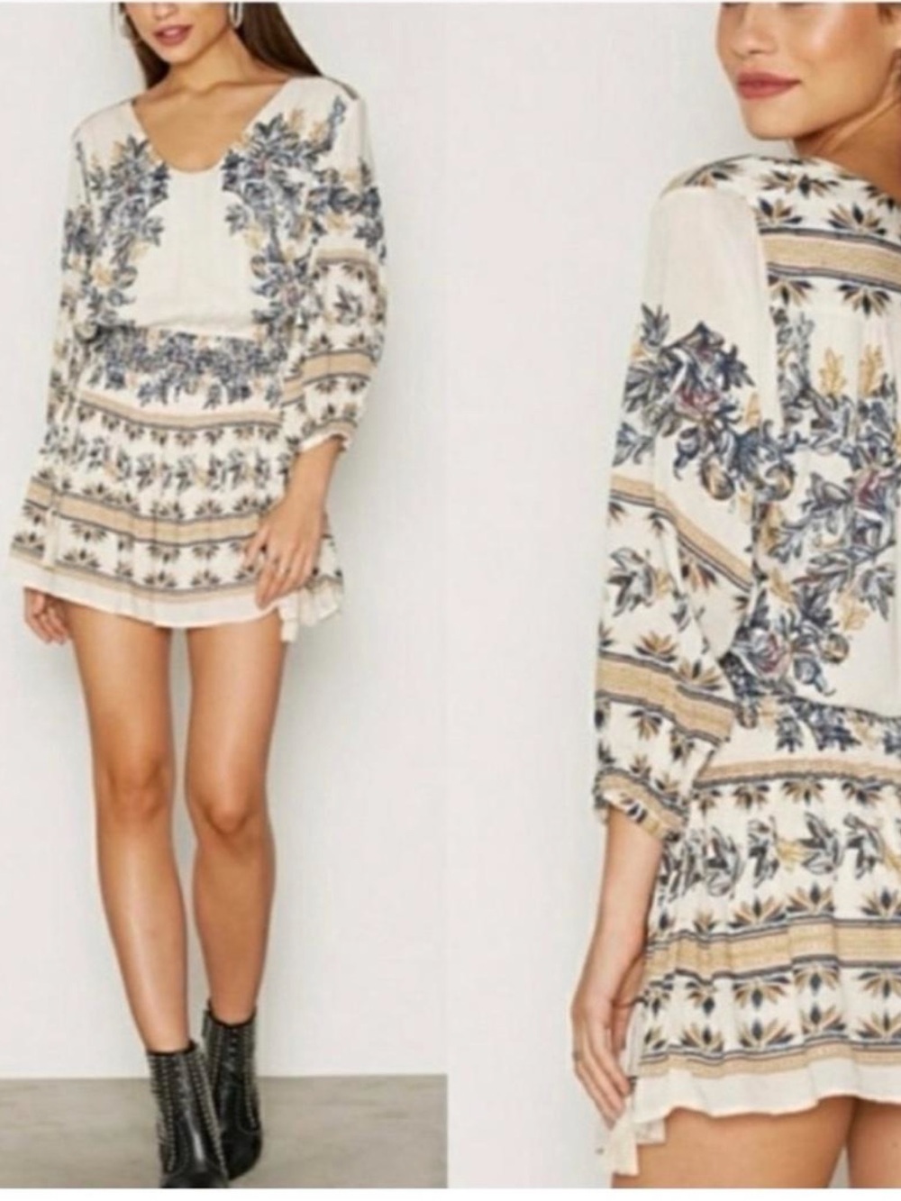 Free People Cream Floral Boho Tunic with Blue and Tan Accents